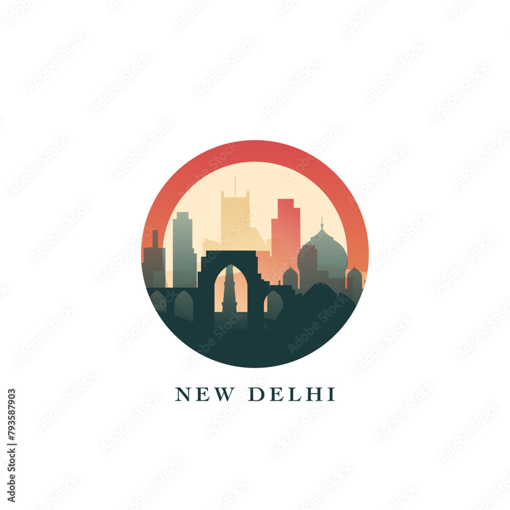 New Delhi cityscape, gradient vector badge, flat skyline logo, icon. India capital city round emblem idea with landmarks and building silhouettes. Isolated graphic
