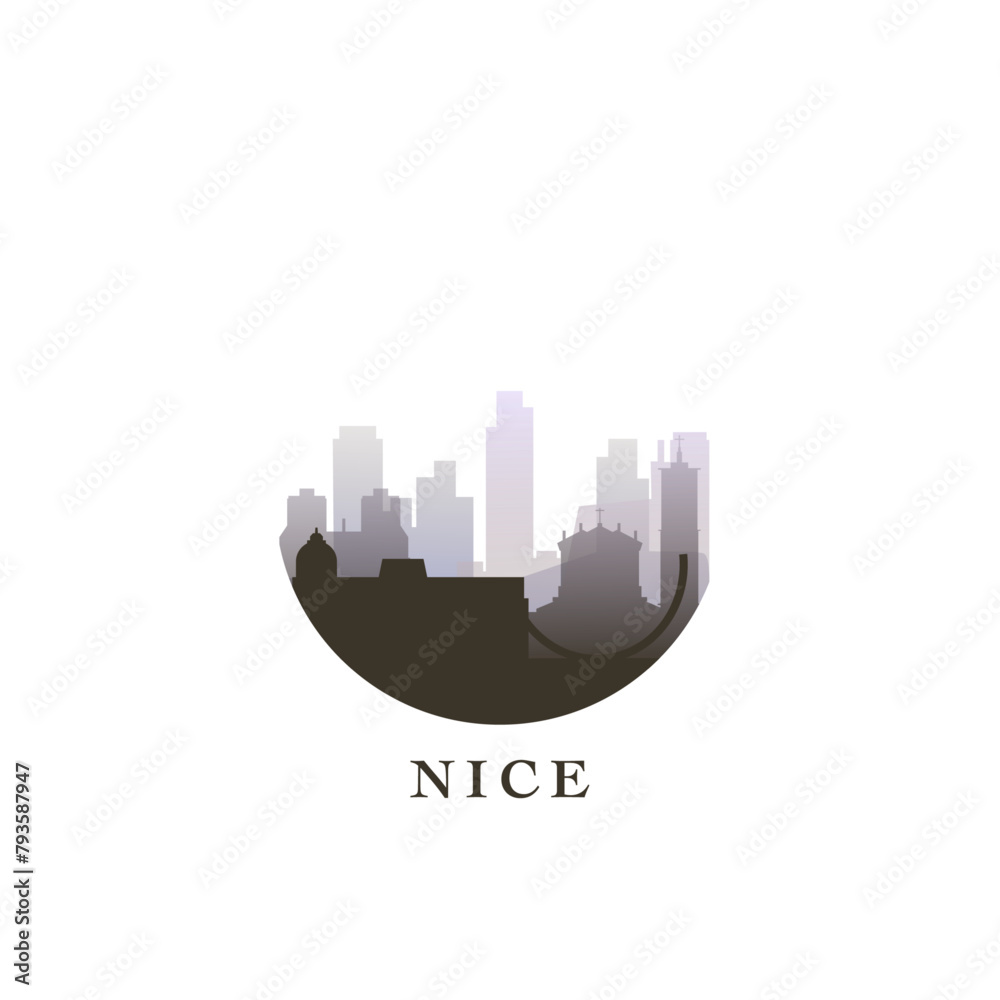 Nice cityscape, gradient vector badge, flat skyline logo, icon. France city round emblem idea with landmarks and building silhouettes. Isolated graphic