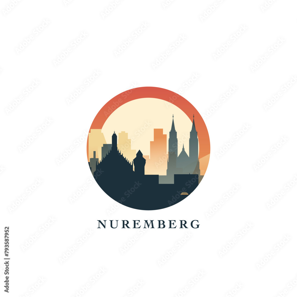 Nuremberg cityscape, gradient vector badge, flat skyline logo, icon. Germany capital city round emblem idea with landmarks and building silhouettes. Isolated graphic