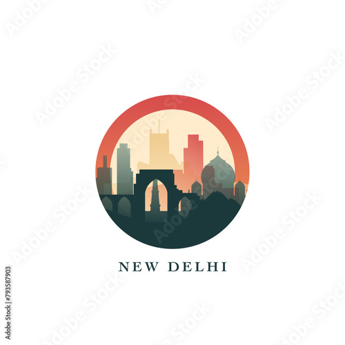 New Delhi cityscape, gradient vector badge, flat skyline logo, icon. India capital city round emblem idea with landmarks and building silhouettes. Isolated graphic