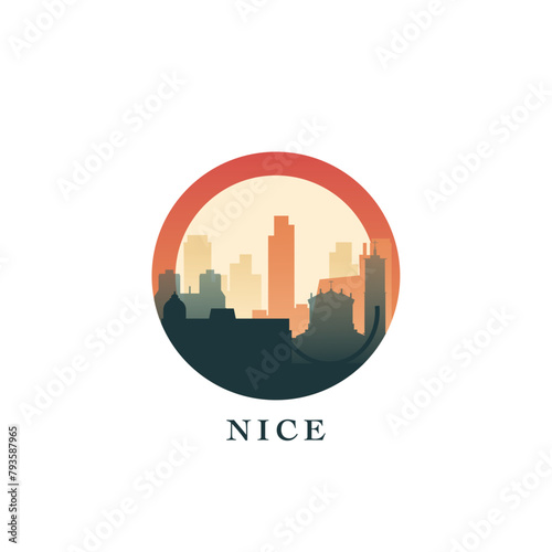 Nice cityscape, gradient vector badge, flat skyline logo, icon. France city round emblem idea with landmarks and building silhouettes. Isolated graphic