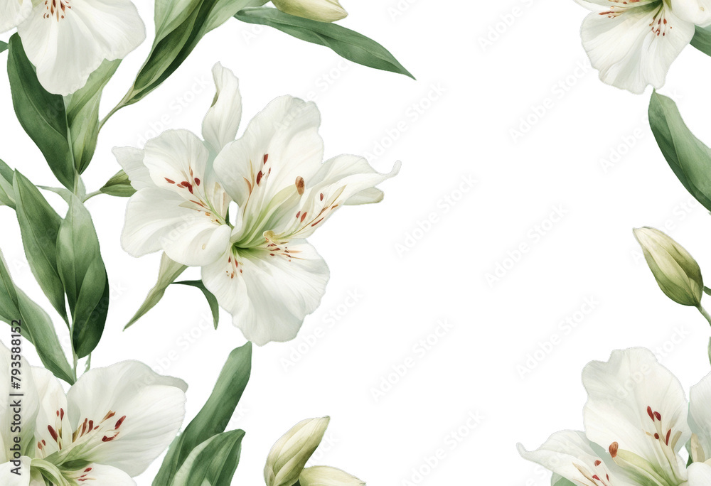 White alstroemeria watercolor seamless pattern on a pale green with clipping path 