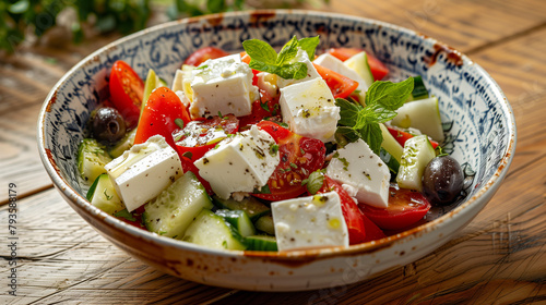 Detailed view of a bowl of Greek salad with feta cheese placed on a table