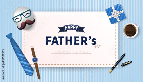 Blue Father's Day greeting card with balloons and tie, watch, gifts