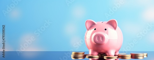 Pink pig piggy bank next to a stack of gold coins, isolated on blue background photo