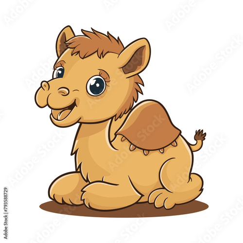 A flat cartoon illustration of a happy baby camel, illustration