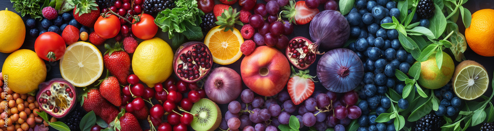 A stunning display of assorted fruits and vegetables arranged in a gradient of colors, resembling a vibrant rainbow, against a grey background with high-key lighting.
A stunning display of assorted fruits and vegetables arranged in a gradient of colors, resembling a vibrant rainbow, against a grey background with high-key lighting.