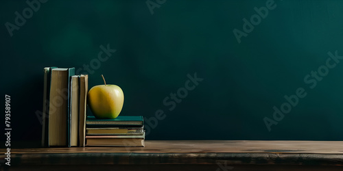 Back to school concept stacked notebooks and apple design on dark blue background stack of books with a red apple on top and a green chalkboard in the background