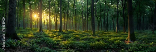 sunlit forest with emphasis on the bright green underbrush basking in the filtered sunlight photo