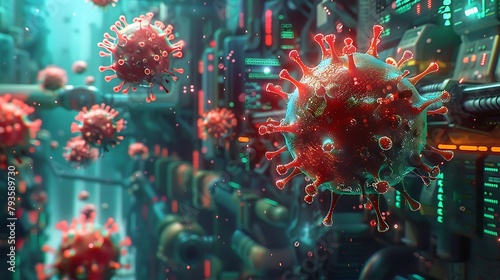 A computer generated image of a virus with a red and green background