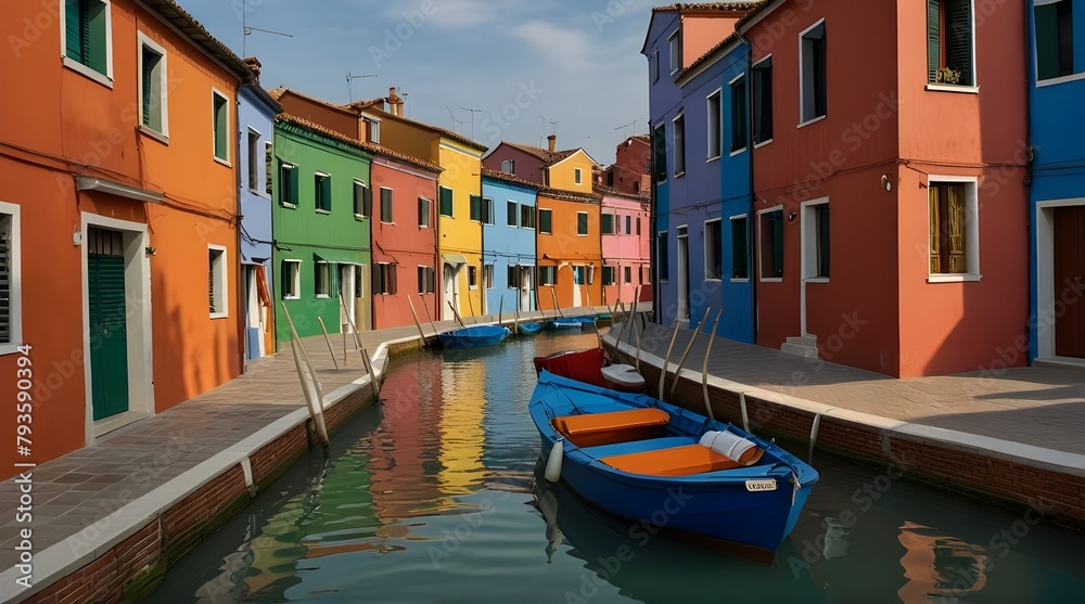 Picturesque view of colorful Venetian houses lining a tranquil canal, boats moored along the waterfront under a clear blue sky.generative.ai 