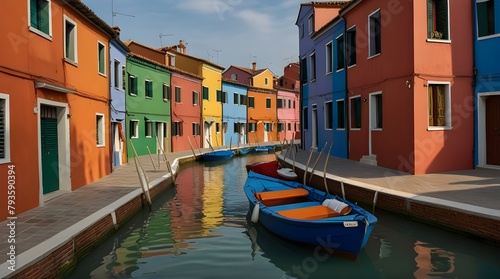Picturesque view of colorful Venetian houses lining a tranquil canal  boats moored along the waterfront under a clear blue sky.generative.ai 