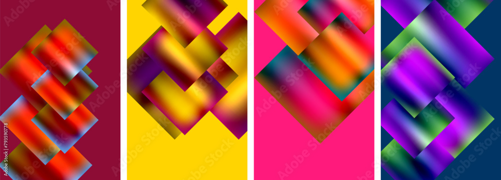 An artistic collection featuring four colorful geometric designs a rectangle in purple, a triangle in violet, a font in magenta, and tints and shades on different colored backgrounds