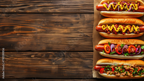 A row of classic American hot dogs topped with various toppings like mustard, ketchup, onions, and relish, wooden table, flat lay. Copy space.