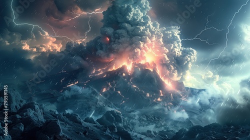 Volcano erupts, smoke and dust, lightning flashes in the sky.