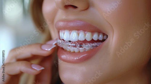 Close-up Of a Woman's Hand Putting Transparent Aligner in Teeth. 