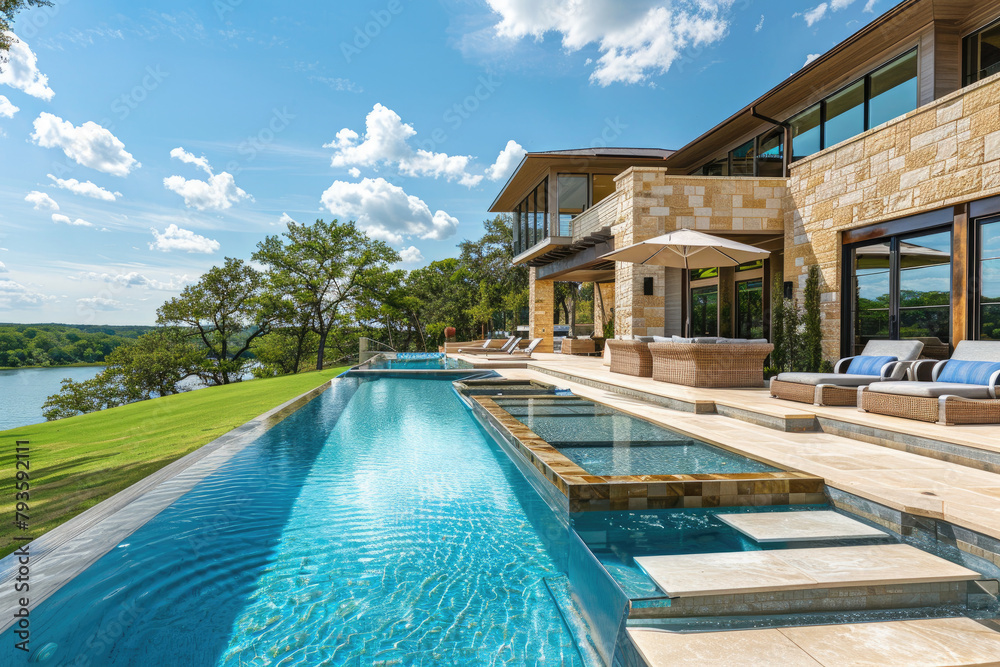 Fototapeta premium A large, modern home with an expansive pool and patio area in the Texas countryside. The house has multiple levels of windows overlooking the beautiful blue sky and green grass.