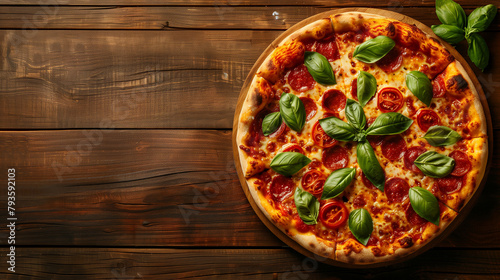 A traditional Italian Margherita pizza topped with fresh basil and pepperoni on a rustic wooden table. Copy space.