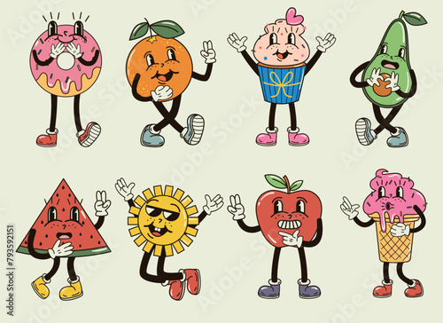 A cute set with groovy characters expressing funny emotions vector illustration