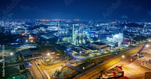 Aerial view of refinery chemical plant in industrial area at night