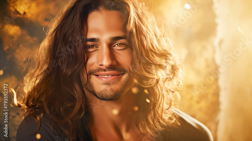 Portrait of an elegant sexy smiling Latino man with perfect skin and long hair, on a golden background.