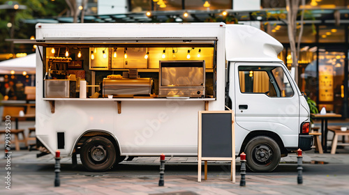 A white food truck with an open window and blank standing sign is parked in a city.