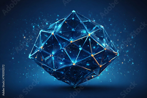 Illustration of abstract glowing low polygonal tetrahedral abstract molecule on a dark blue background. photo