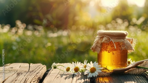 A jar of delicious honey on a background of a chamomile field with copyspace