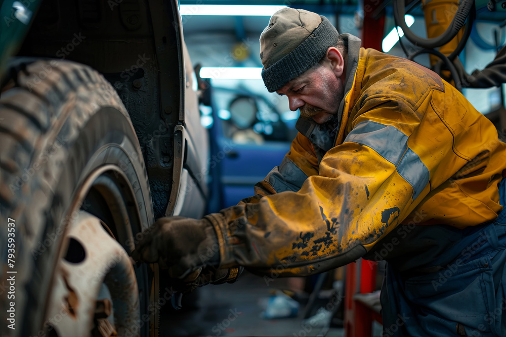 An auto mechanic in the process of replacing vehicle tires An auto mechanic in the process of replacing vehicle tires