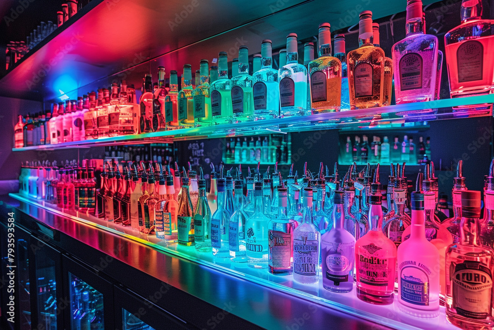 Rows of neon-colored liquor bottles backlighted on a club's bar shelf.