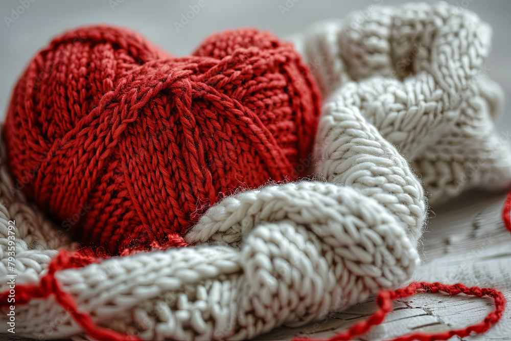 A cozy heart-shaped knitting pattern alongside a ball of red yarn