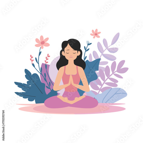 A woman meditates in a pastel background with flowers and leaves. Conceptual illustration for yoga, meditation, relaxation, rest, healthy lifestyle. Vector cartoon flat illustration