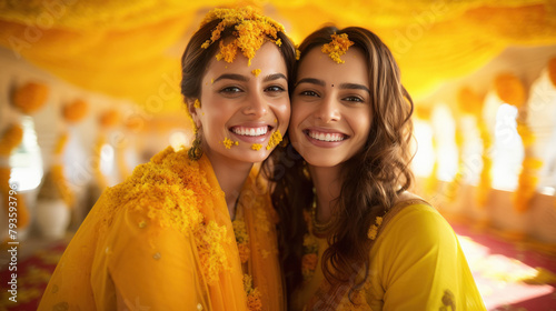 Two indian women together in haldi ceremony photo