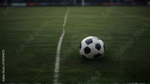 Green grass macro in sports arena with lights background. Close up of soccer field lines. Background soccer lawn grass football stadium ground view.generative.ai  © Akash