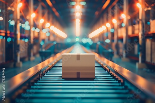 A box is on a conveyor belt in a warehouse