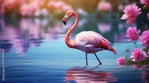 Flamingo Stand in The Water With Beautiful blur Background Nature  Wallpaper.