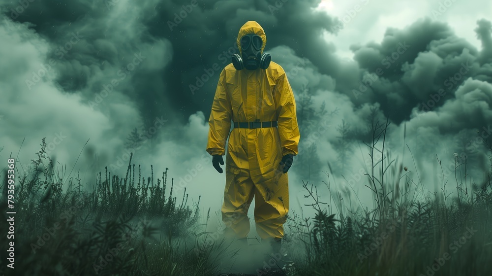 A person in a yellow chemical resistant suit stands in the center of a green toxic smoke.