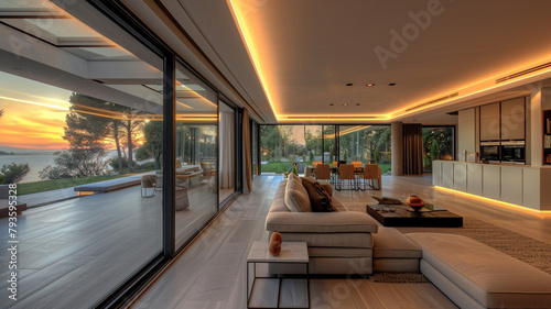 Ultra-modern holiday villa with an emphasis on transparency and light  featuring floor-to-ceiling windows and a minimalist interior.