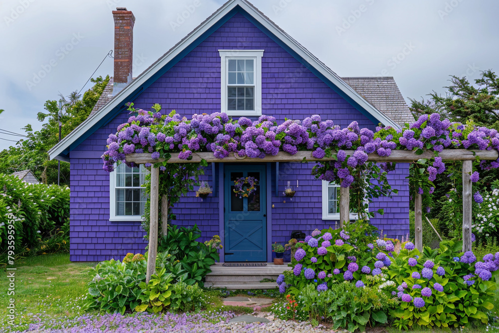 Vibrant violet Cape Cod style vacation home with a flower-covered arbor leading to the front door, set in a cottage garden.