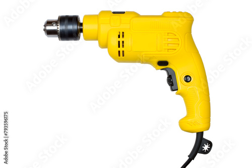 Electric drill isolated on white background. Yellow electric drill.