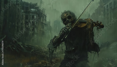 A lone zombie, drawn by the melancholic strains of a violin, wandered for miles through a deserted city, its decaying hand reaching out for the unseen music photo