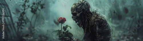 A lovesick zombie, clutching a single withered rose, shuffled towards a boardedup greenhouse, its heart, though undead, still haunted by a forgotten love photo