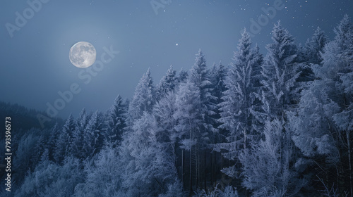 Ice covered forest under a starry winter night sky with the moon shining on the snow covered trees