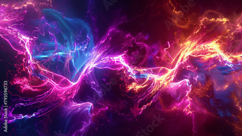 A vibrant, energy-filled abstract wave pattern, featuring bright neon colors that pulse and flow like electricity through a dark void.
