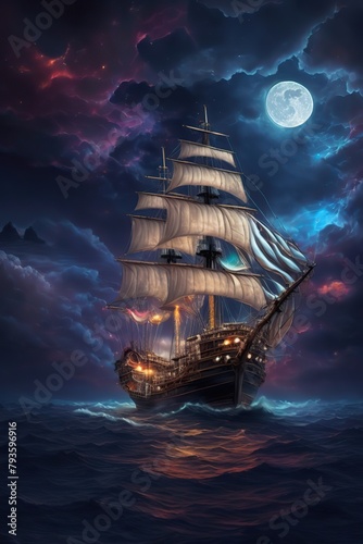 I've been rather takenneon light art: in the dark of night, a tall ship sails across moonlit seas, clouds, moon, stars, colorful, detailed, 4k