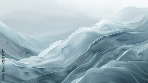 An abstract, 3D rendering of soft waves in a minimalist design, using a palette of cool grays and whites to suggest tranquility and space.