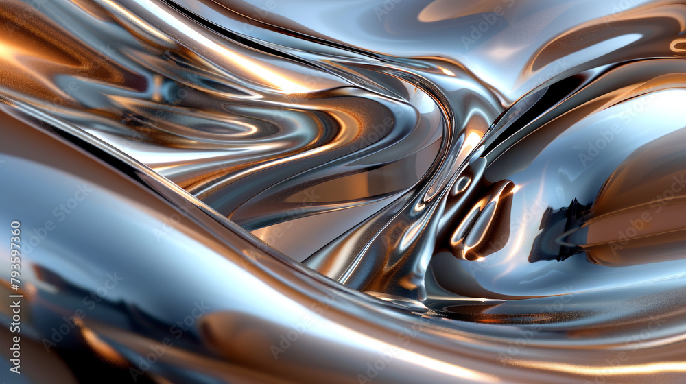 An abstract 3D wave of polished bronze, curling gracefully in a display of fluid dynamics and reflective surfaces.