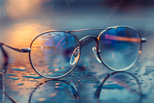 Close-up Perspective of Clear Optical Glasses on a Wooden Table Top