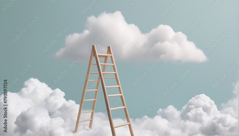 A wooden Step ladder leading in the clouds with copy space and isolated plain background . Growth, future, development concept with minimal pastel colors, A wooden Step ladder leading in the clouds with copy space and isolated plain background . Growth, future, development concept with minimal pastel colors,