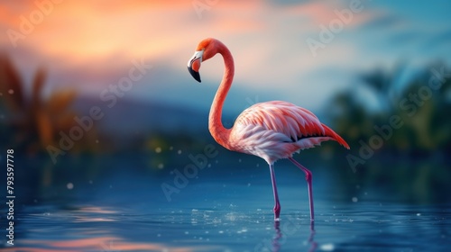 Flamingo Stand in The Water With Beautiful blur Background Nature  Wallpaper.